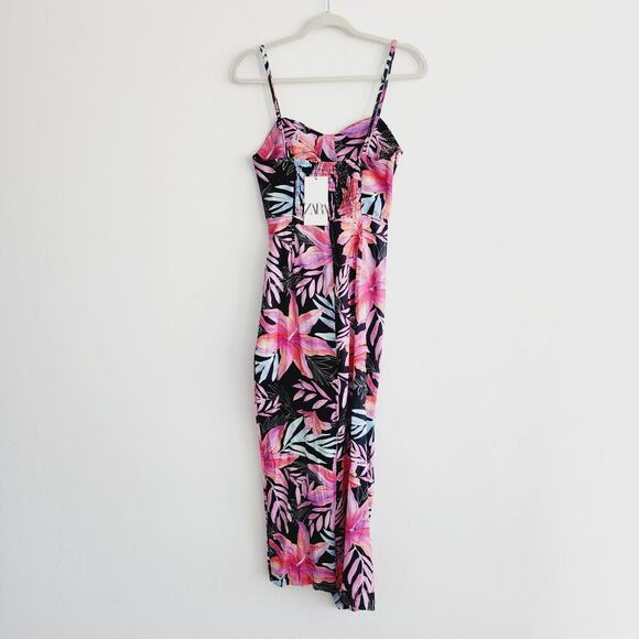 Zara Tropical Floral Print Corset Style Maxi / Midi Dress Side Slit Size Medium - Picture 3 of 11